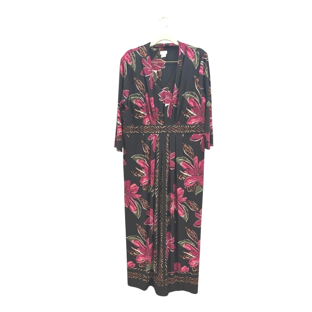 Chico's Black Maxi pleated Dress with Fuchsia Floral Print size 2 petite 12/14